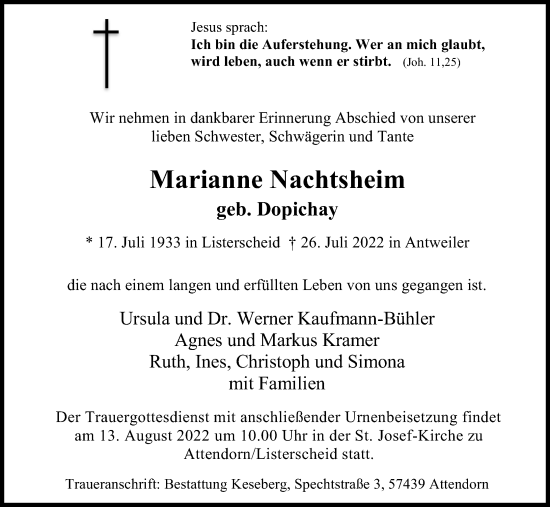 Anzeige von Marianne Nachtsheim von Kölner Stadt-Anzeiger / Kölnische Rundschau / Express