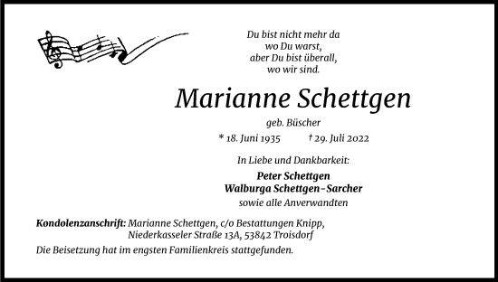 Anzeige von Marianne Schettgen von Kölner Stadt-Anzeiger / Kölnische Rundschau / Express
