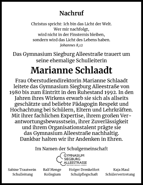 Anzeige von Marianne Schlaadt von Kölner Stadt-Anzeiger / Kölnische Rundschau / Express