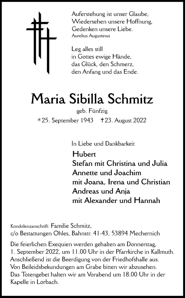  Traueranzeige für Maria Sibilla Schmitz vom 27.08.2022 aus Kölner Stadt-Anzeiger / Kölnische Rundschau / Express
