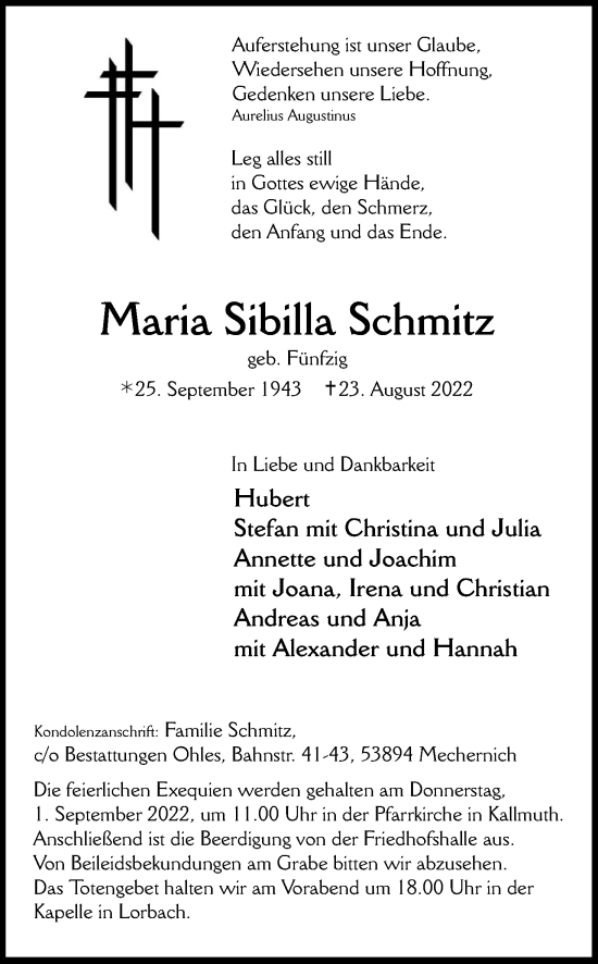 Anzeige von Maria Sibilla Schmitz von Kölner Stadt-Anzeiger / Kölnische Rundschau / Express
