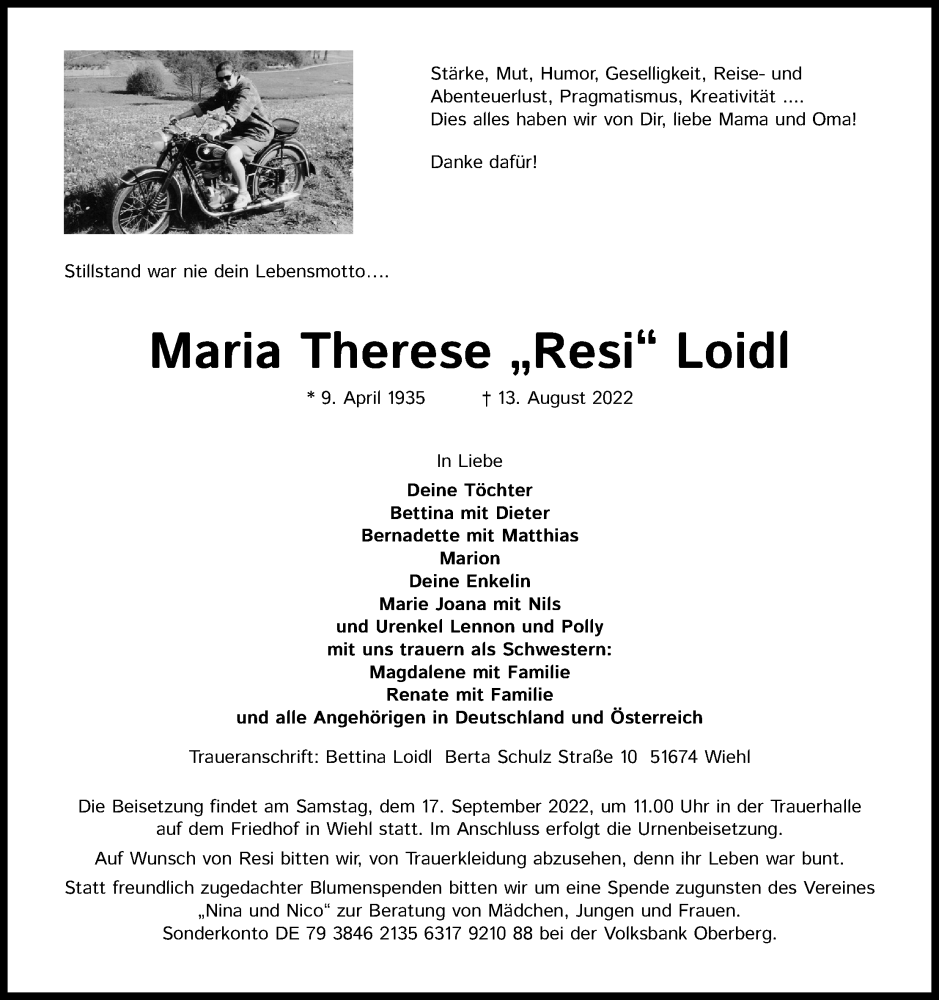  Traueranzeige für Maria Therese Loidl vom 20.08.2022 aus Kölner Stadt-Anzeiger / Kölnische Rundschau / Express