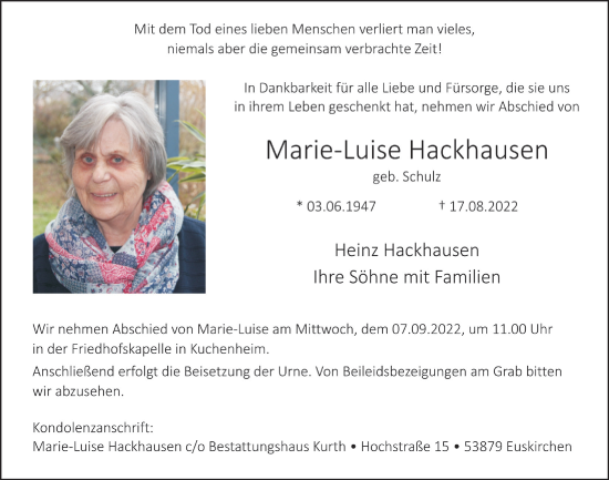 Anzeige von Marie-Luise Hackhausen von  Blickpunkt Euskirchen 
