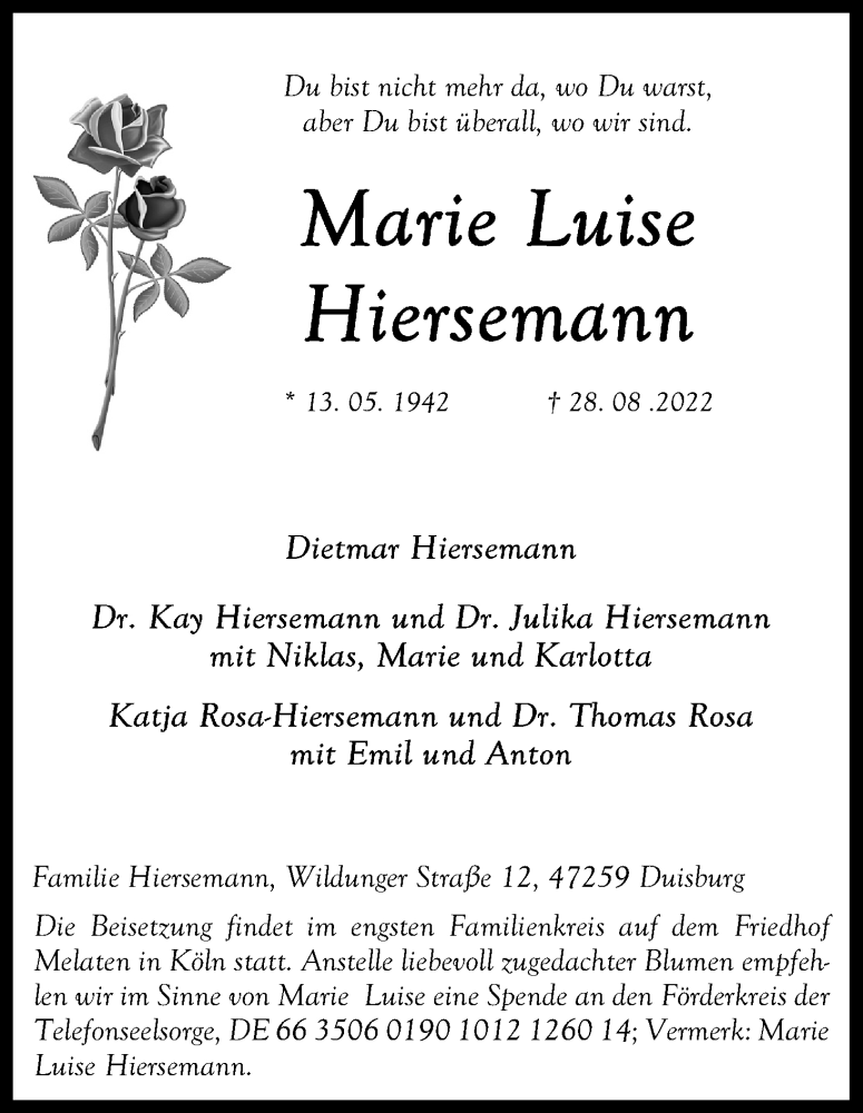  Traueranzeige für Marie Luise Hiersemann vom 31.08.2022 aus Kölner Stadt-Anzeiger / Kölnische Rundschau / Express