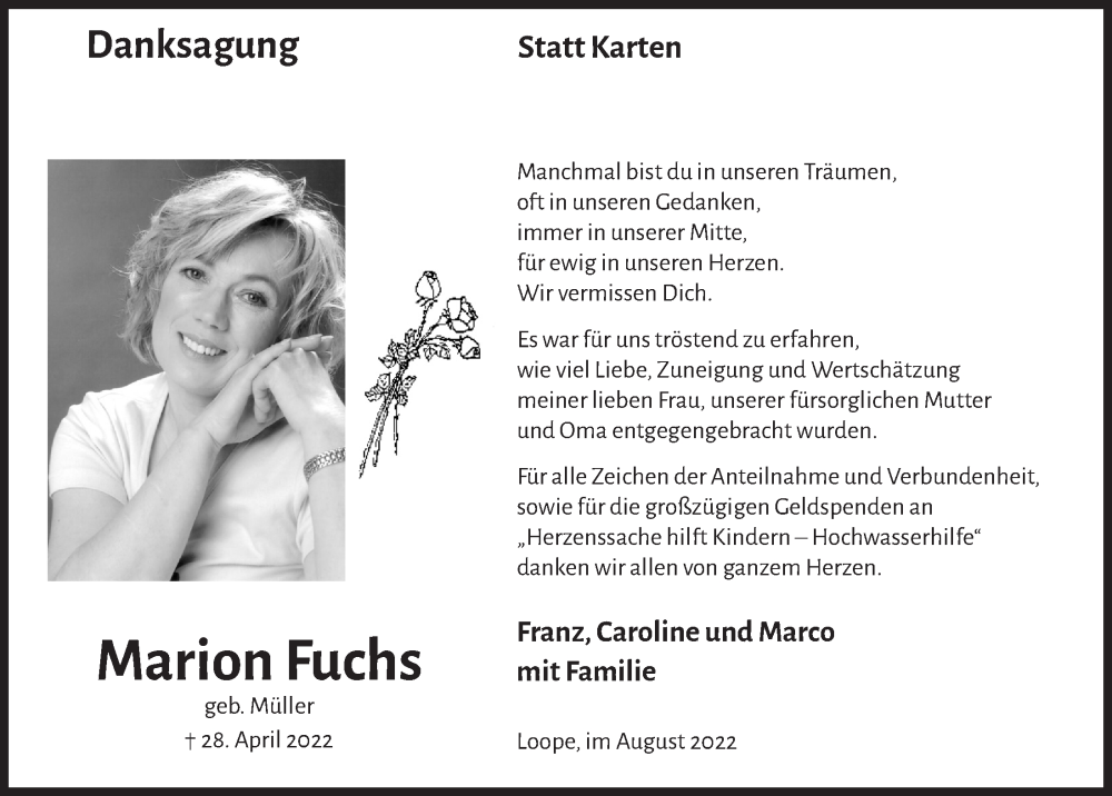  Traueranzeige für Marion Fuchs vom 26.08.2022 aus  Anzeigen Echo 