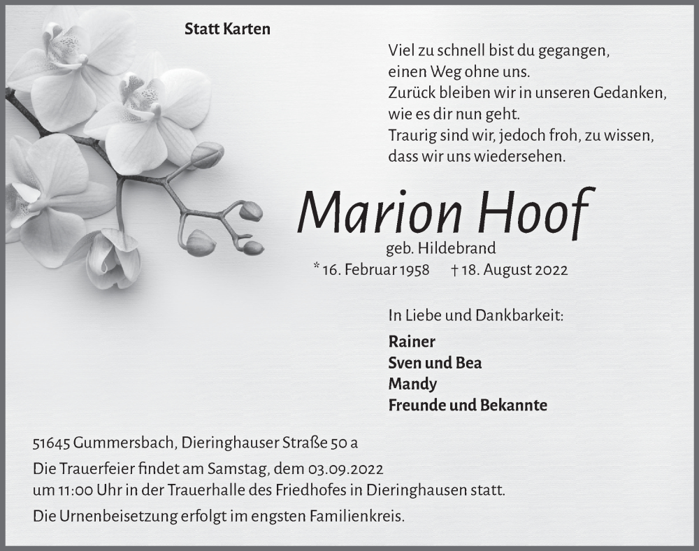  Traueranzeige für Marion Hoof vom 26.08.2022 aus  Anzeigen Echo 