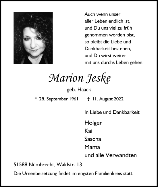 Anzeige von Marion Jeske von Kölner Stadt-Anzeiger / Kölnische Rundschau / Express