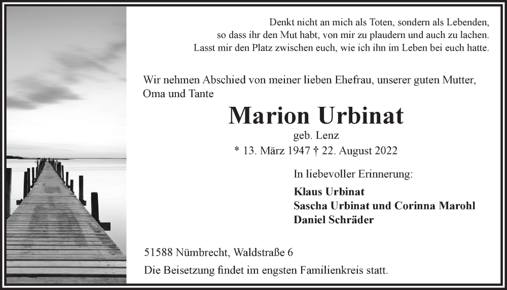  Traueranzeige für Marion Urbinat vom 26.08.2022 aus  Lokalanzeiger 