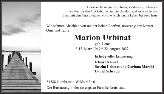 Anzeige von Marion Urbinat von  Lokalanzeiger 