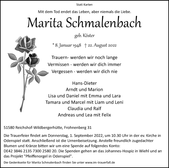 Anzeige von Marita Schmalenbach von Kölner Stadt-Anzeiger / Kölnische Rundschau / Express