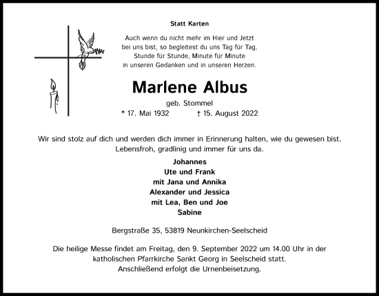 Anzeige von Marlene Albus von Kölner Stadt-Anzeiger / Kölnische Rundschau / Express