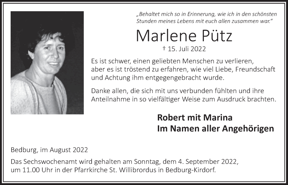  Traueranzeige für Marlene Pütz vom 26.08.2022 aus  Werbepost 