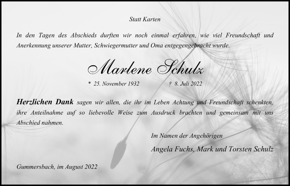 Traueranzeige für Marlene Schulz vom 12.08.2022 aus  Anzeigen Echo 
