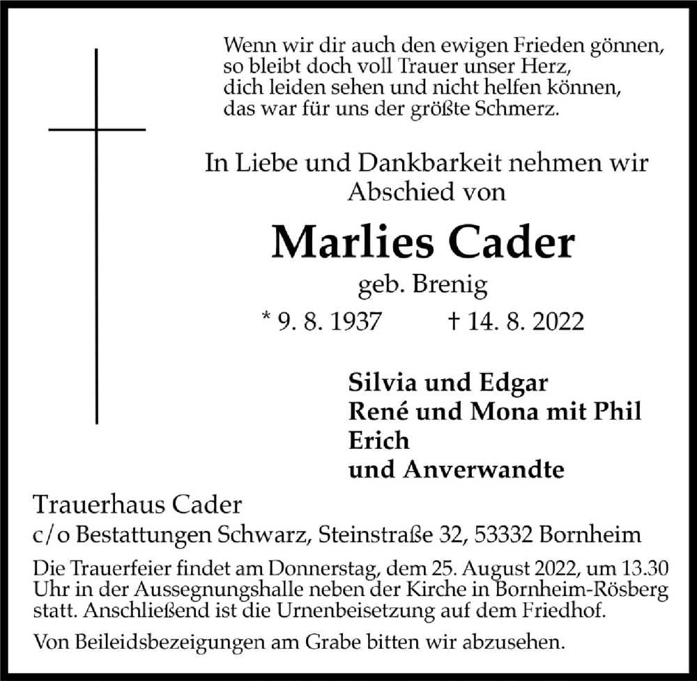  Traueranzeige für Marlies Cader vom 19.08.2022 aus  Schaufenster/Blickpunkt 