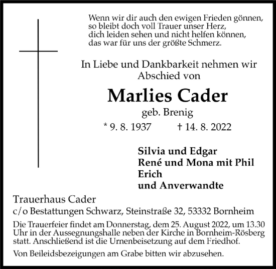 Anzeige von Marlies Cader von  Schaufenster/Blickpunkt 