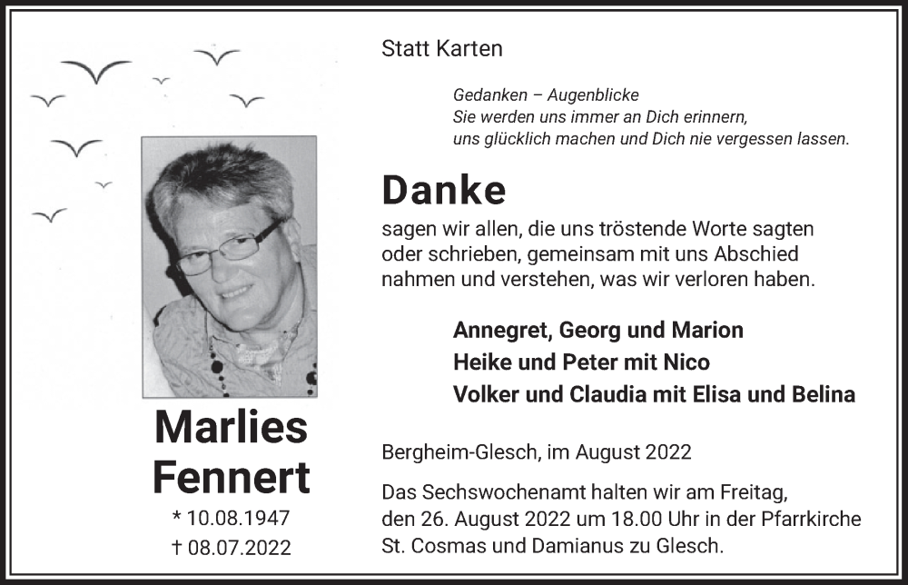  Traueranzeige für Marlies Fennert vom 19.08.2022 aus  Werbepost 