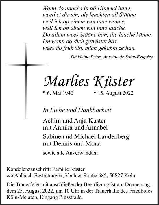 Anzeige von Marlies Küster von Kölner Stadt-Anzeiger / Kölnische Rundschau / Express