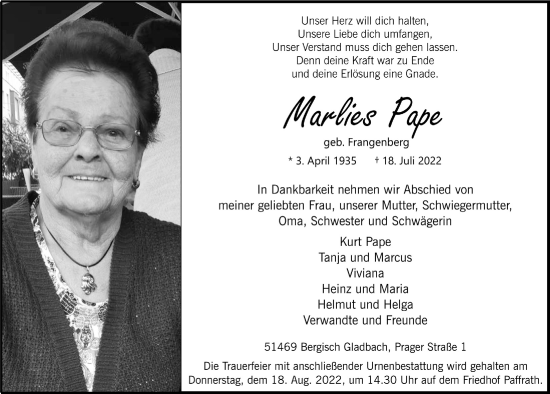 Anzeige von Marlies Pape von  Bergisches Handelsblatt 