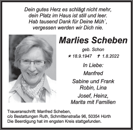 Anzeige von Marlies Scheben von  Wochenende 