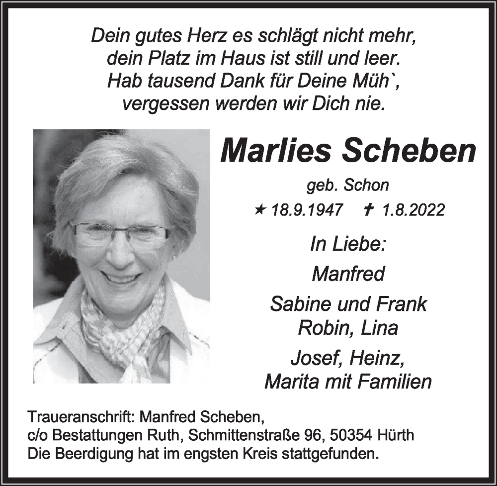  Traueranzeige für Marlies Scheben vom 12.08.2022 aus  Wochenende 