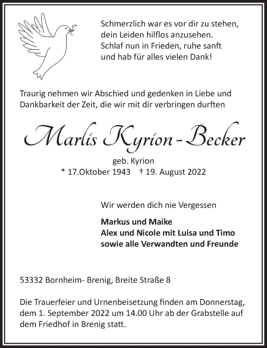 Anzeige von Marlis Kyrion-Becker von  Schaufenster/Blickpunkt 