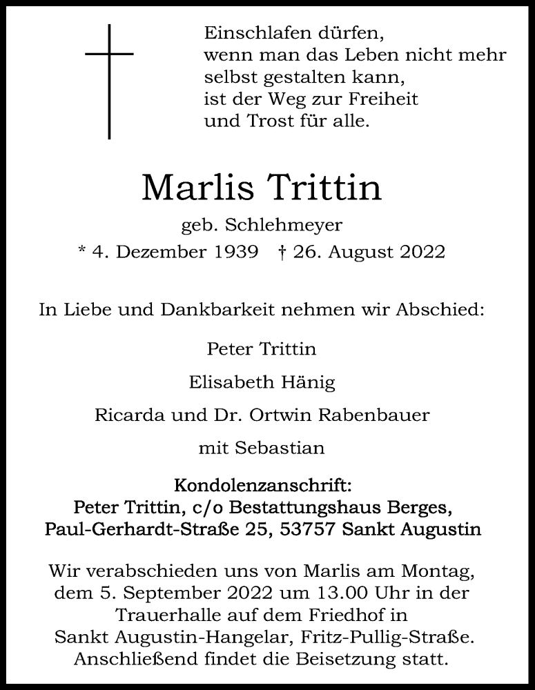  Traueranzeige für Marlis Trittin vom 31.08.2022 aus Kölner Stadt-Anzeiger / Kölnische Rundschau / Express