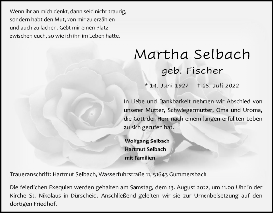 Anzeige von Martha Selbach von Kölner Stadt-Anzeiger / Kölnische Rundschau / Express