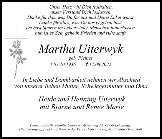 Anzeige von Martha Uiterwyk von Kölner Stadt-Anzeiger / Kölnische Rundschau / Express
