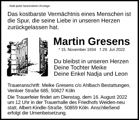 Anzeige von Martin Gresens von Kölner Stadt-Anzeiger / Kölnische Rundschau / Express