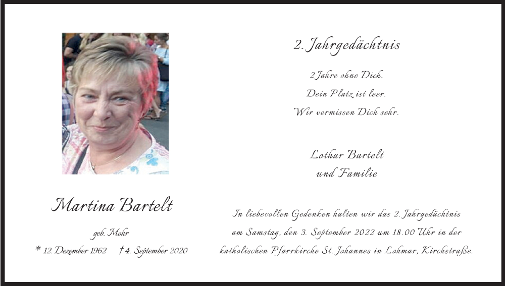  Traueranzeige für Martina Bartelt vom 27.08.2022 aus Kölner Stadt-Anzeiger / Kölnische Rundschau / Express