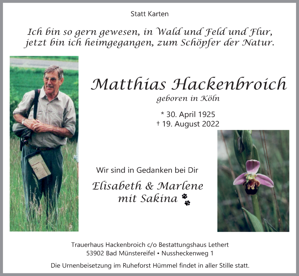  Traueranzeige für Matthias Hackenbroich vom 27.08.2022 aus Kölner Stadt-Anzeiger / Kölnische Rundschau / Express