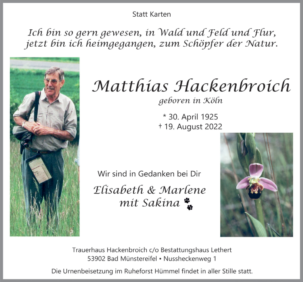  Traueranzeige für Matthias Hackenbroich vom 27.08.2022 aus  Blickpunkt Euskirchen 