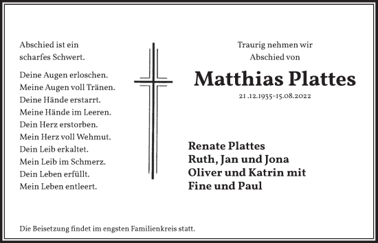 Anzeige von Matthias Plattes von  Wochenende 