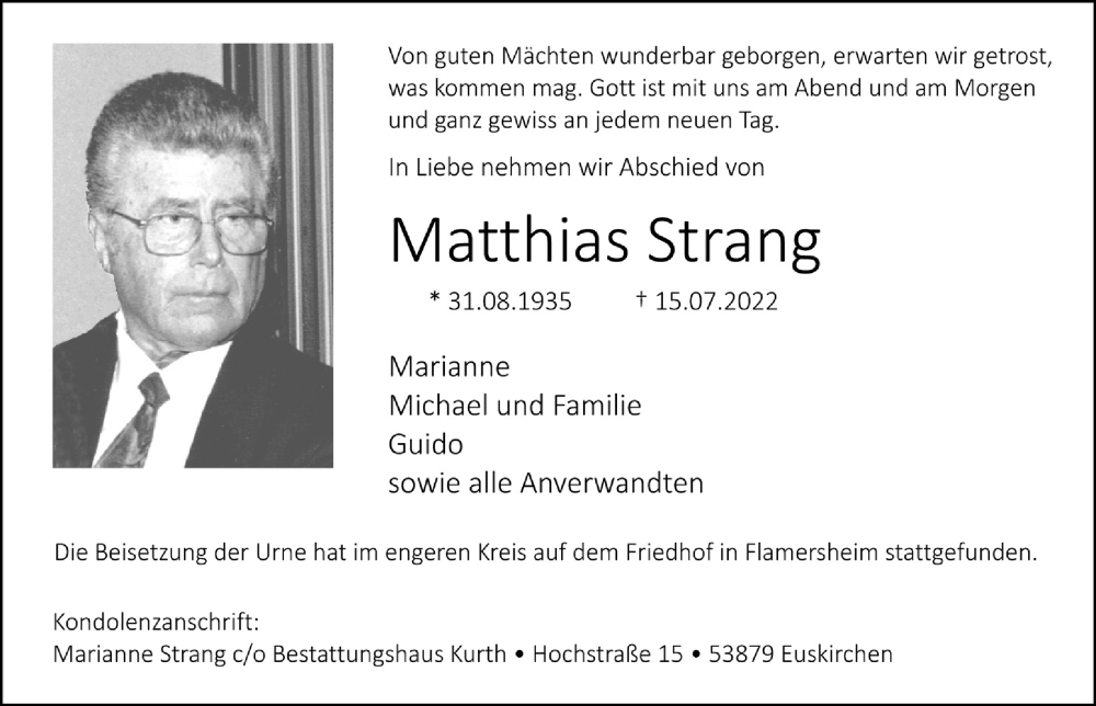  Traueranzeige für Matthias Strang vom 06.08.2022 aus  Blickpunkt Euskirchen 