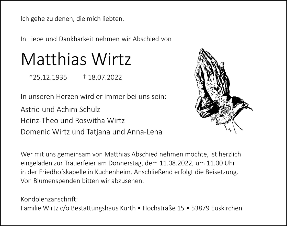  Traueranzeige für Matthias Wirtz vom 06.08.2022 aus  Blickpunkt Euskirchen 