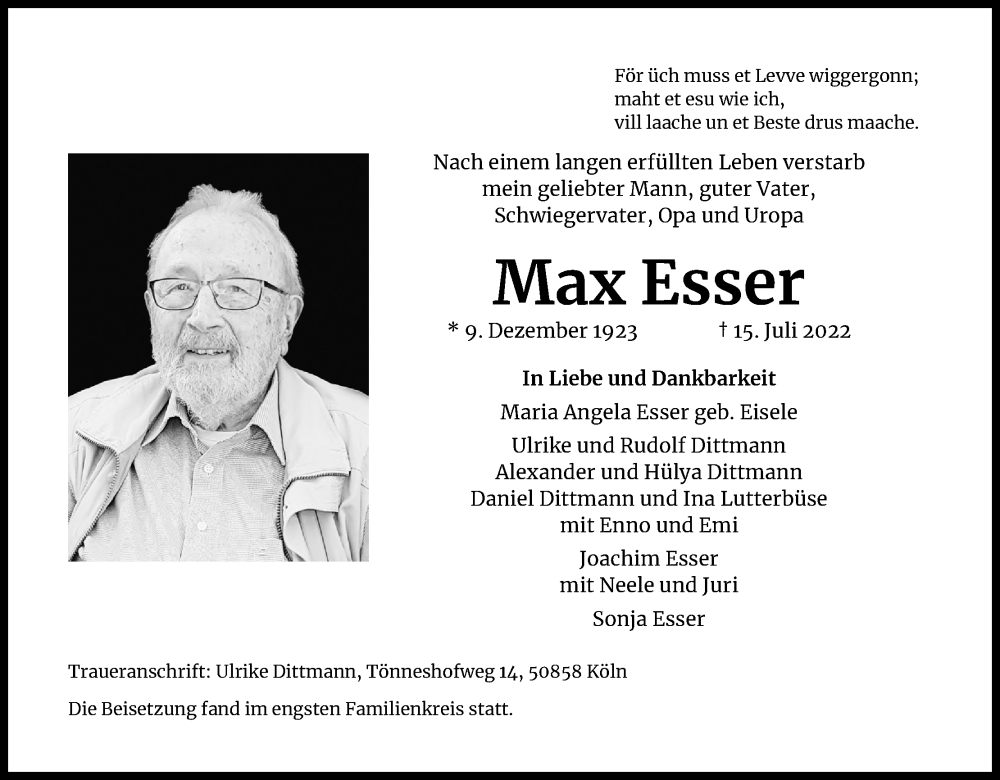  Traueranzeige für Max Esser vom 06.08.2022 aus Kölner Stadt-Anzeiger / Kölnische Rundschau / Express