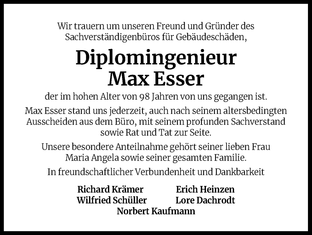  Traueranzeige für Max Esser vom 13.08.2022 aus Kölner Stadt-Anzeiger / Kölnische Rundschau / Express