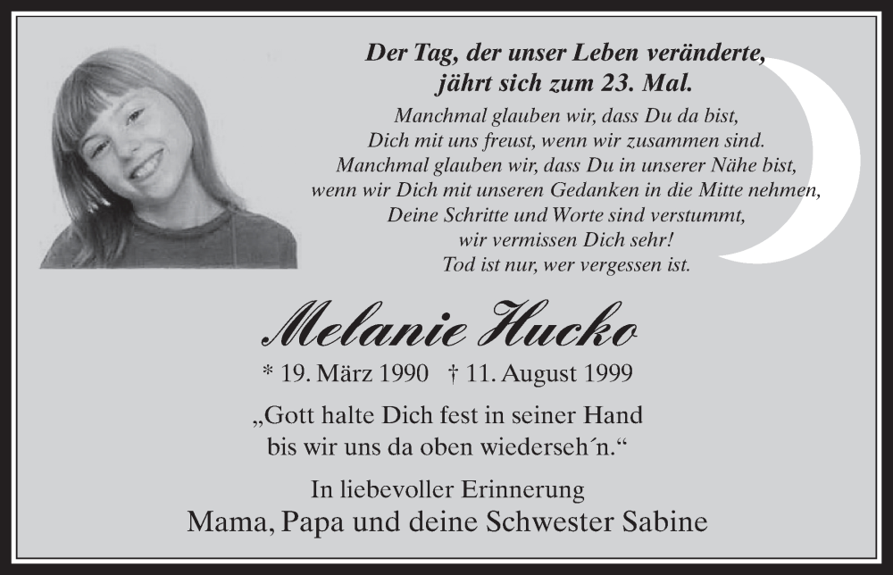  Traueranzeige für Melanie Hucko vom 18.07.2023 aus  Werbepost 