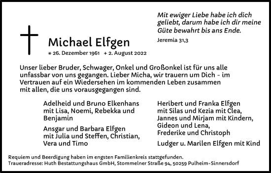 Anzeige von Michael Elfgen von Kölner Stadt-Anzeiger / Kölnische Rundschau / Express