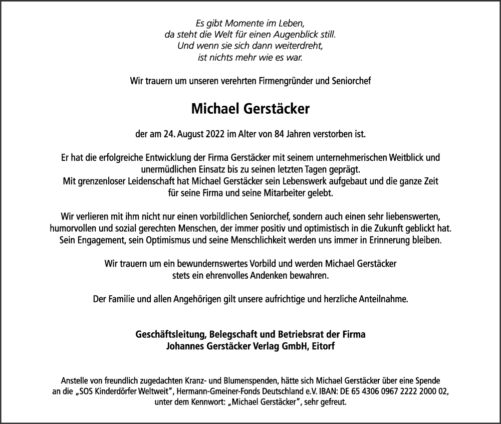  Traueranzeige für Michael Gerstäcker vom 27.08.2022 aus Kölner Stadt-Anzeiger / Kölnische Rundschau / Express