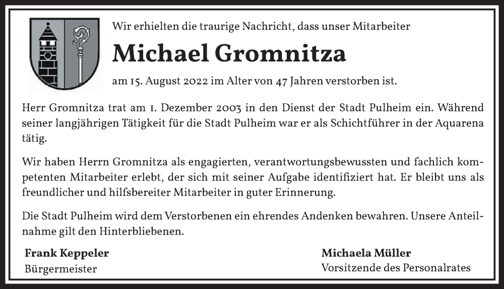  Traueranzeige für Michael Gromnitza vom 26.08.2022 aus  Wochenende 