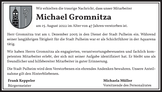 Anzeige von Michael Gromnitza von  Wochenende 