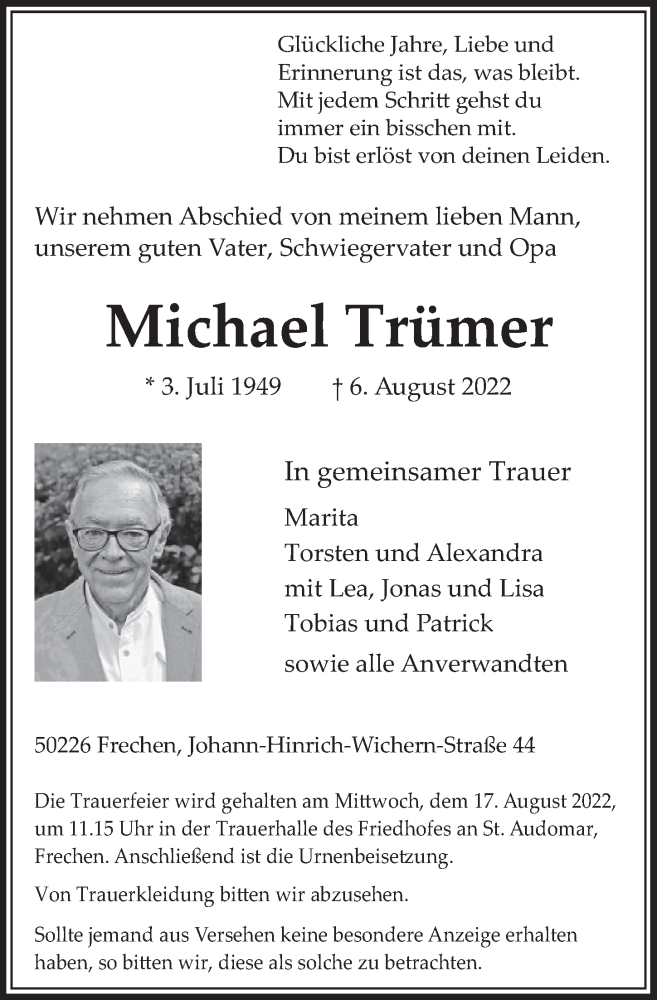  Traueranzeige für Michael Trümer vom 12.08.2022 aus  Wochenende 