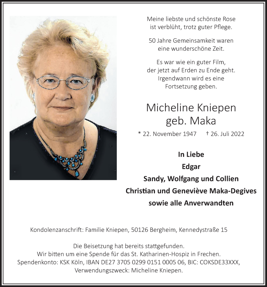  Traueranzeige für Micheline Kniepen vom 12.08.2022 aus  Werbepost 