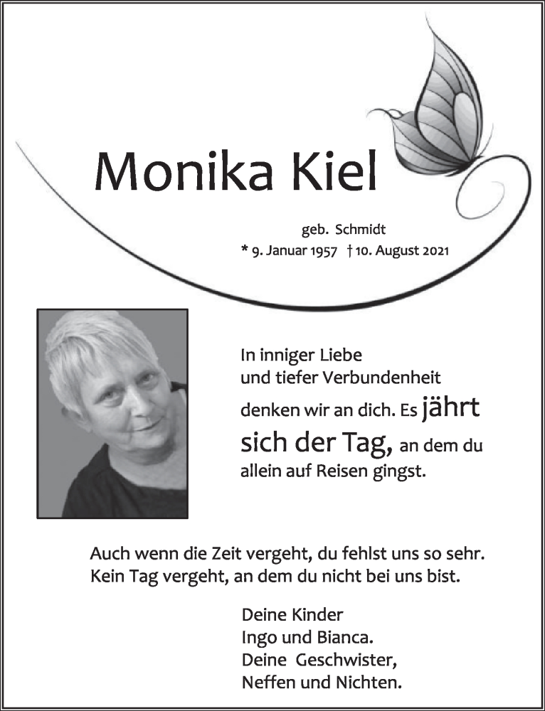  Traueranzeige für Monika Kiel vom 12.08.2022 aus  Werbepost 