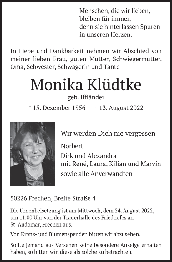 Anzeige von Monika Klüdtke von  Wochenende 