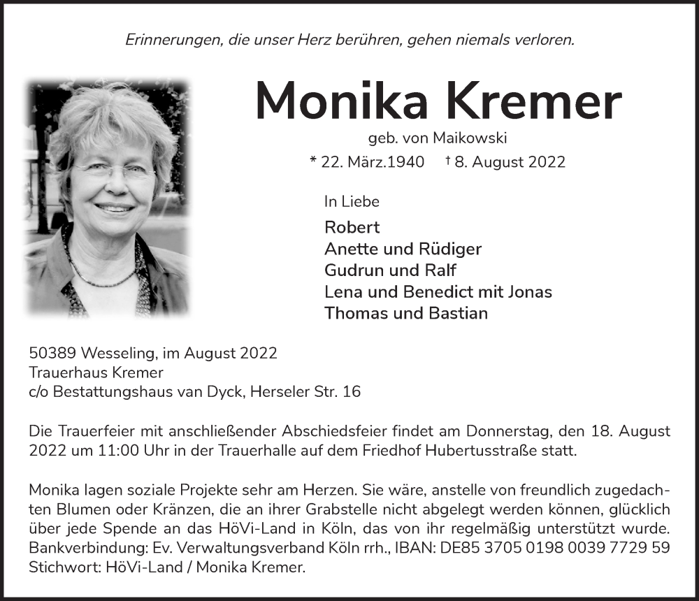 Traueranzeige für Monika Kremer vom 12.08.2022 aus  Schlossbote/Werbekurier 