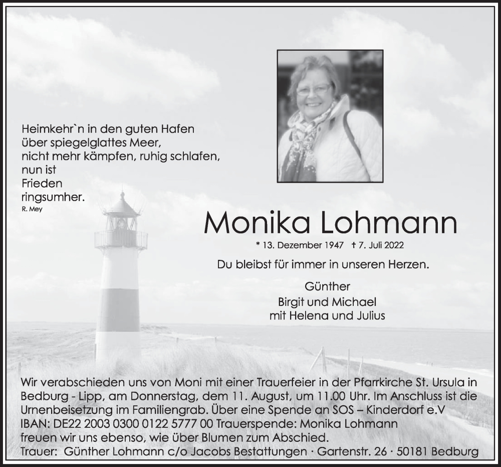  Traueranzeige für Monika Lohmann vom 05.08.2022 aus  Werbepost 