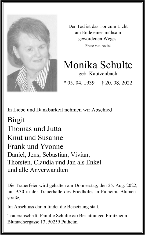  Traueranzeige für Monika Schulte vom 24.08.2022 aus Kölner Stadt-Anzeiger / Kölnische Rundschau / Express