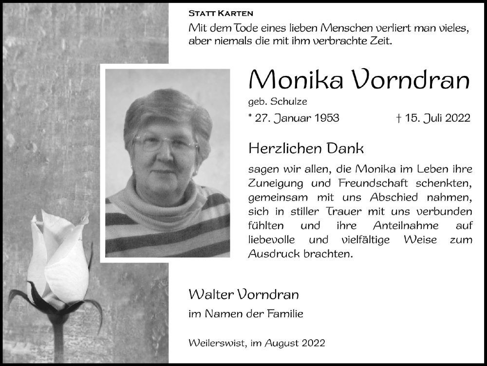  Traueranzeige für Monika Vorndran vom 27.08.2022 aus  Blickpunkt Euskirchen 